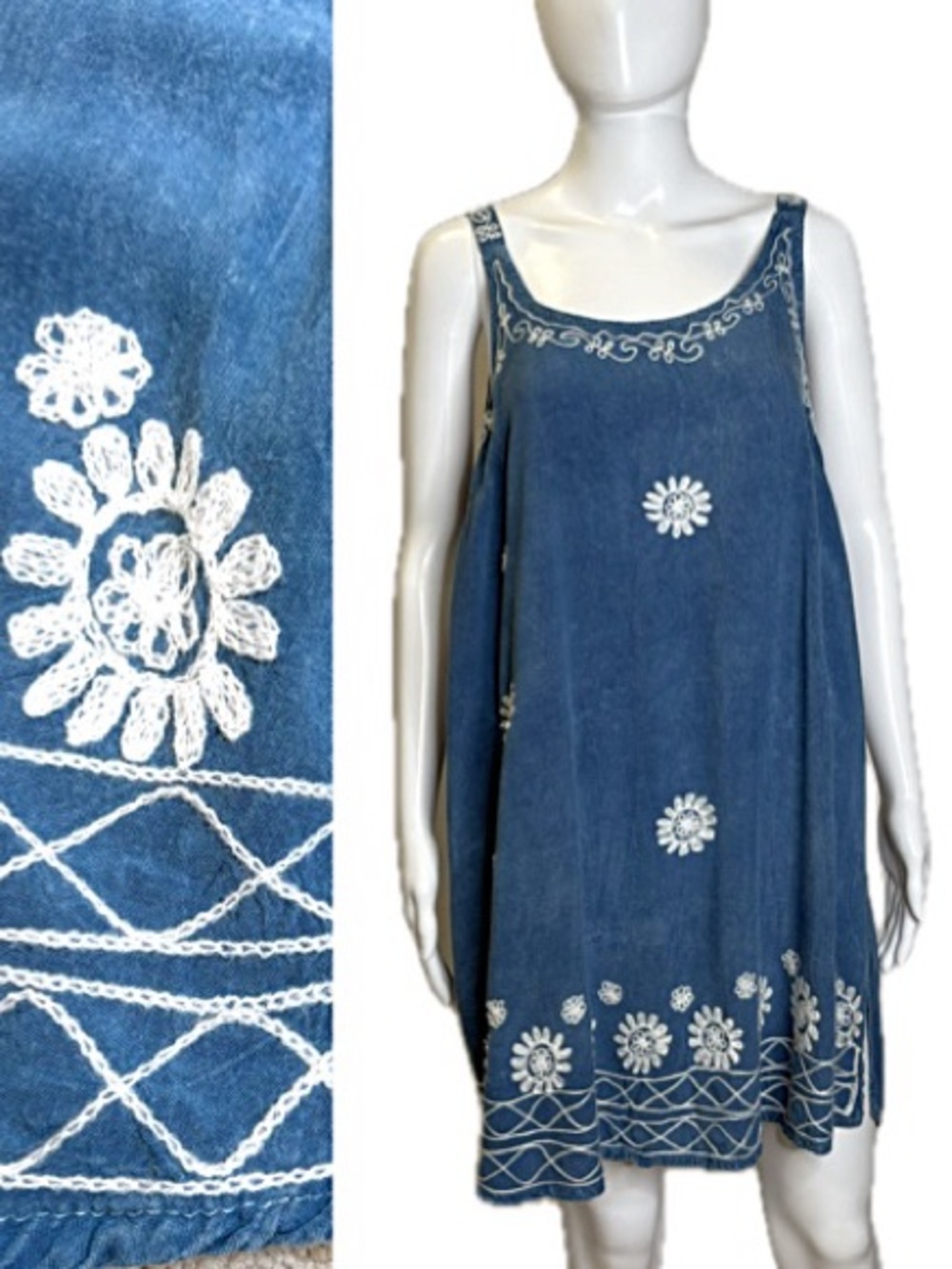 Daisy Island Chambray Floral Embroidered Sundress Size Large A-Line Tank Dress